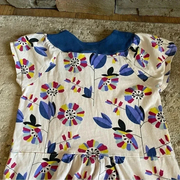 Tea Collection Floral Dress V Neck Short Sleeve 100% Cotton Cream Blue: 7 - Picture 8 of 8